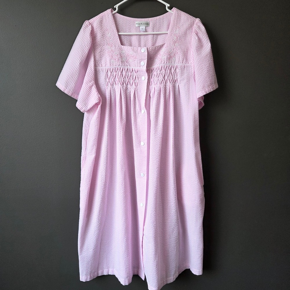 Miss Elaine Pink Seersucker‎ Striped Embroidered Button Front Nightgown XL
